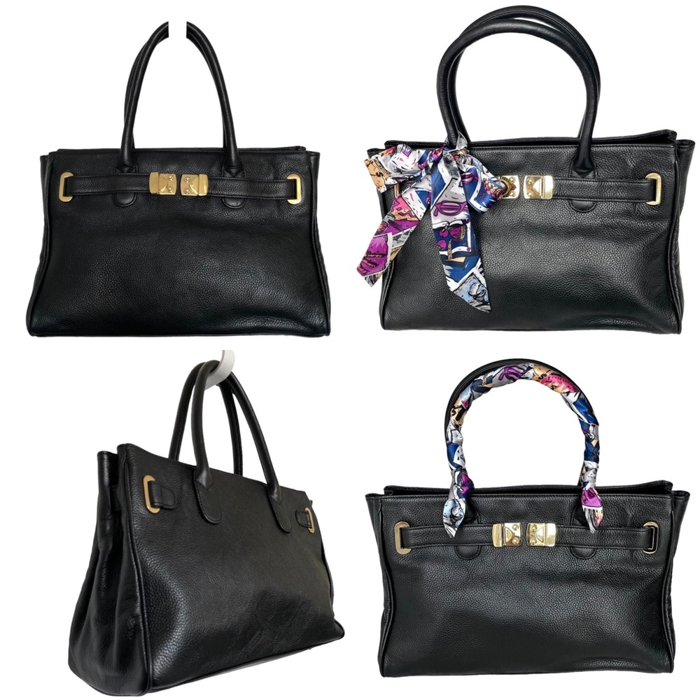 NWT Black Pebbled Leather Large Handbag Onna Ehrlich Golden Trim & Scarf